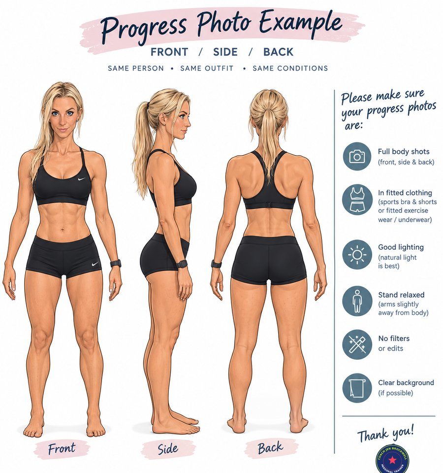 Progress photo example showing front, side and back shots, in fitted clothing, relaxed stance