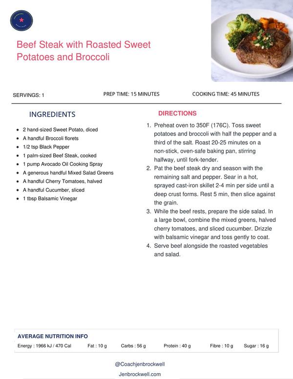 Beef Steak with Roasted Sweet Potatoes & Broccoli